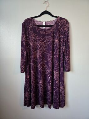 Perfectly Priscilla Purple & Pink Floral Line Art 3/4 Sleeve A-Line Tunic Dress